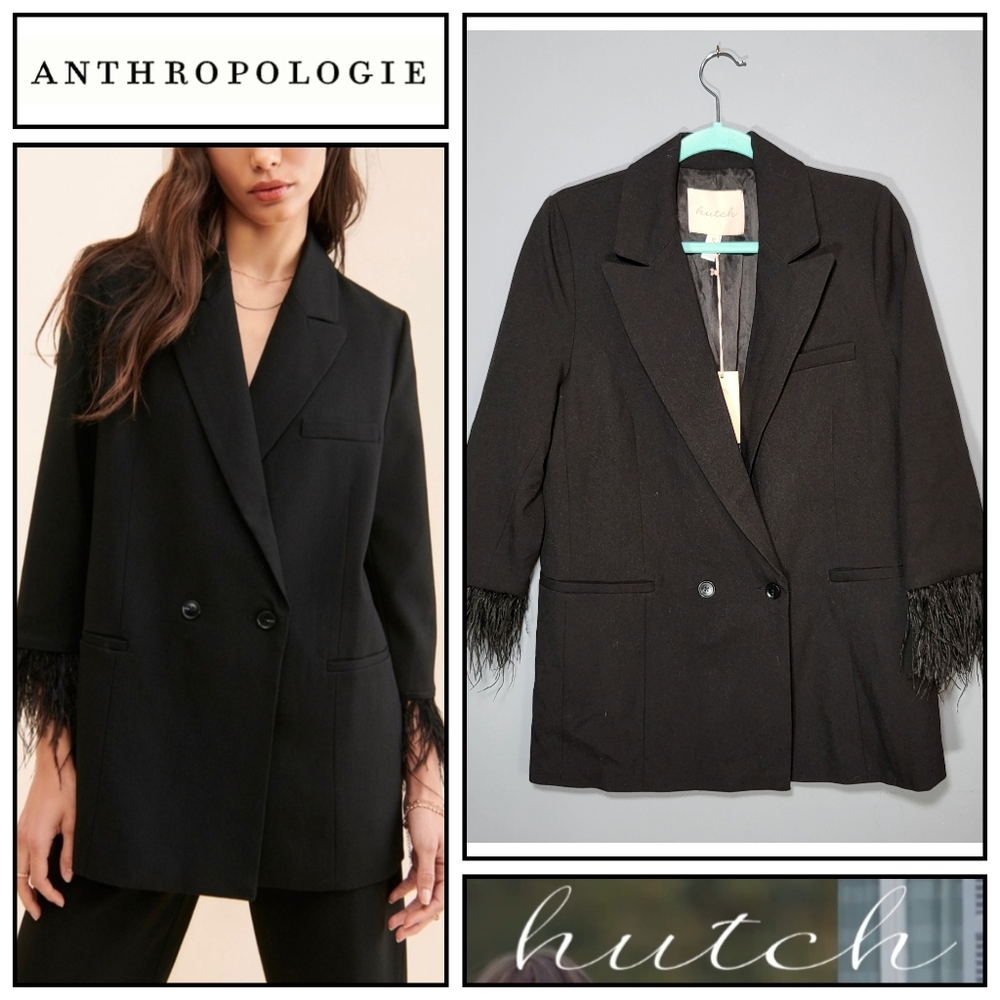 Anthropologie x Hutch Size Small Black Double-Breasted Blazer Faux Feather Cuffs